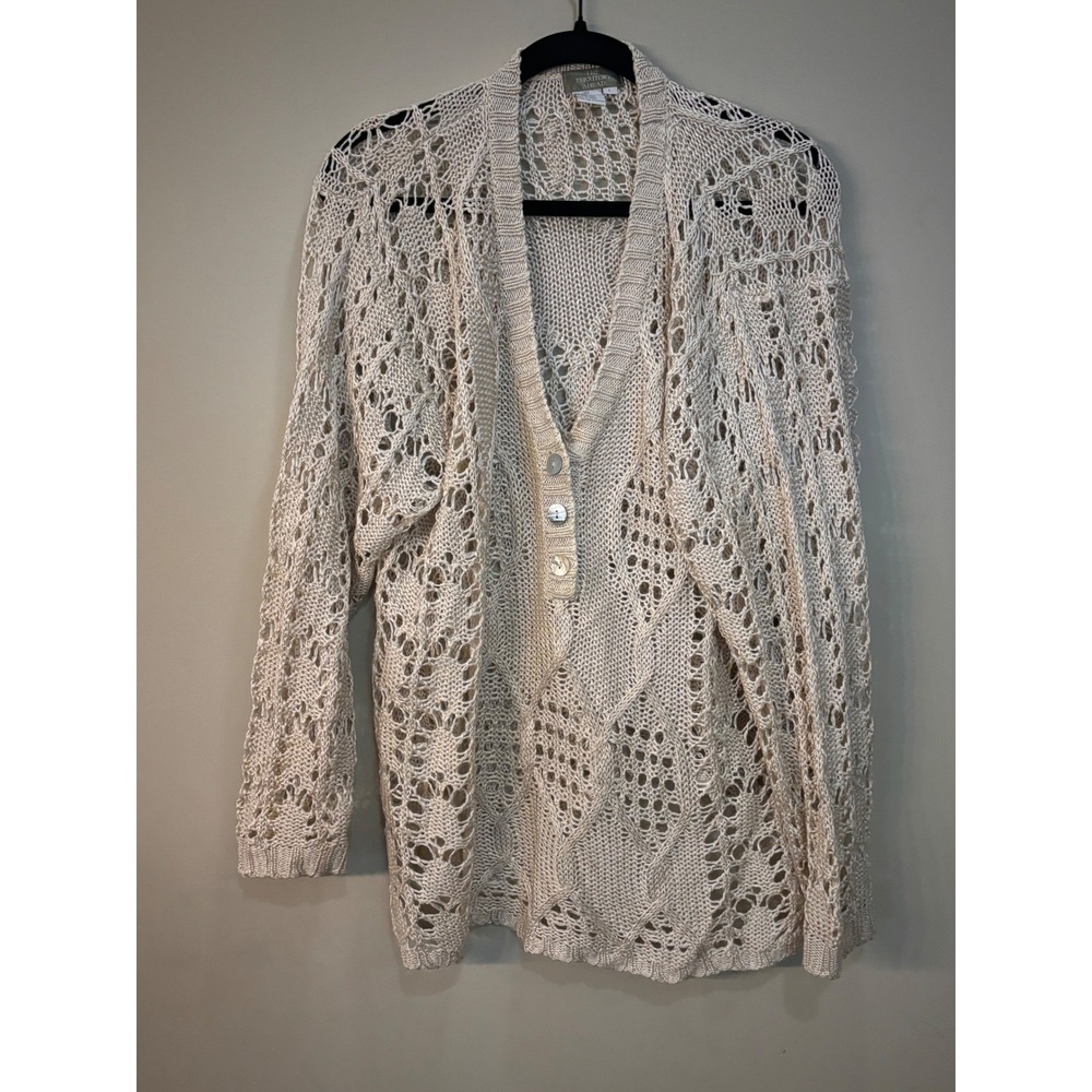 The Territory Ahead Knit Linen‎ Cardigan Open Weave Boho Chic Cover Up Large